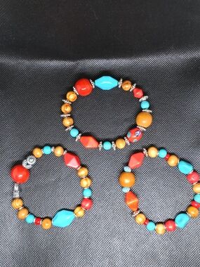 Vibrant Turquoise, Red & Amber Beaded Bracelet Set